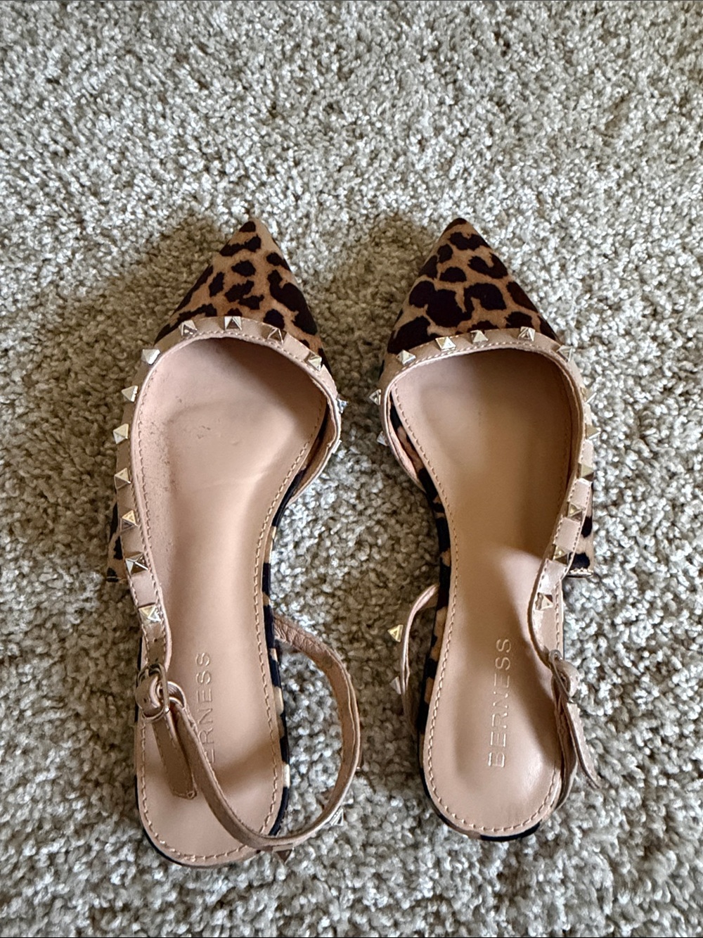 Leopard Print Studded Pointed Slingback Flats - Beige